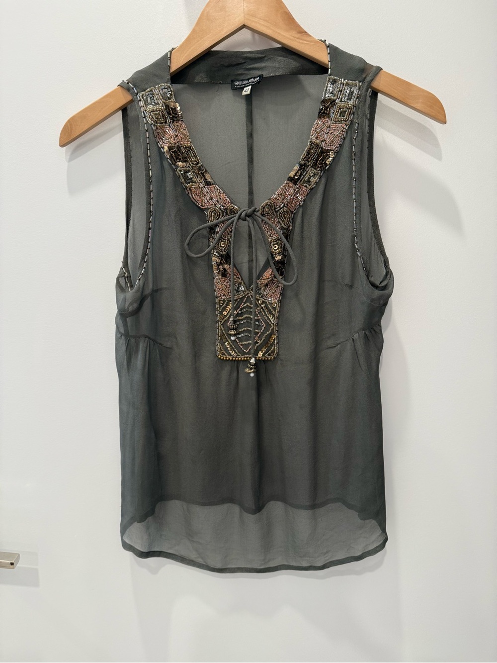Vintage Giorgio Armani Beaded Silk Top Olive IT 42 US 6 Italy